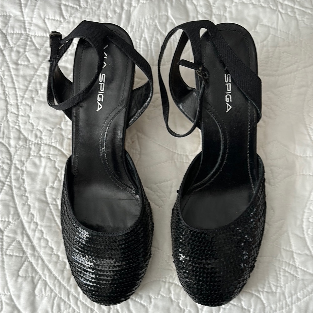 Via Spiga Larky Black Sequin Wedge Sandals Size 8